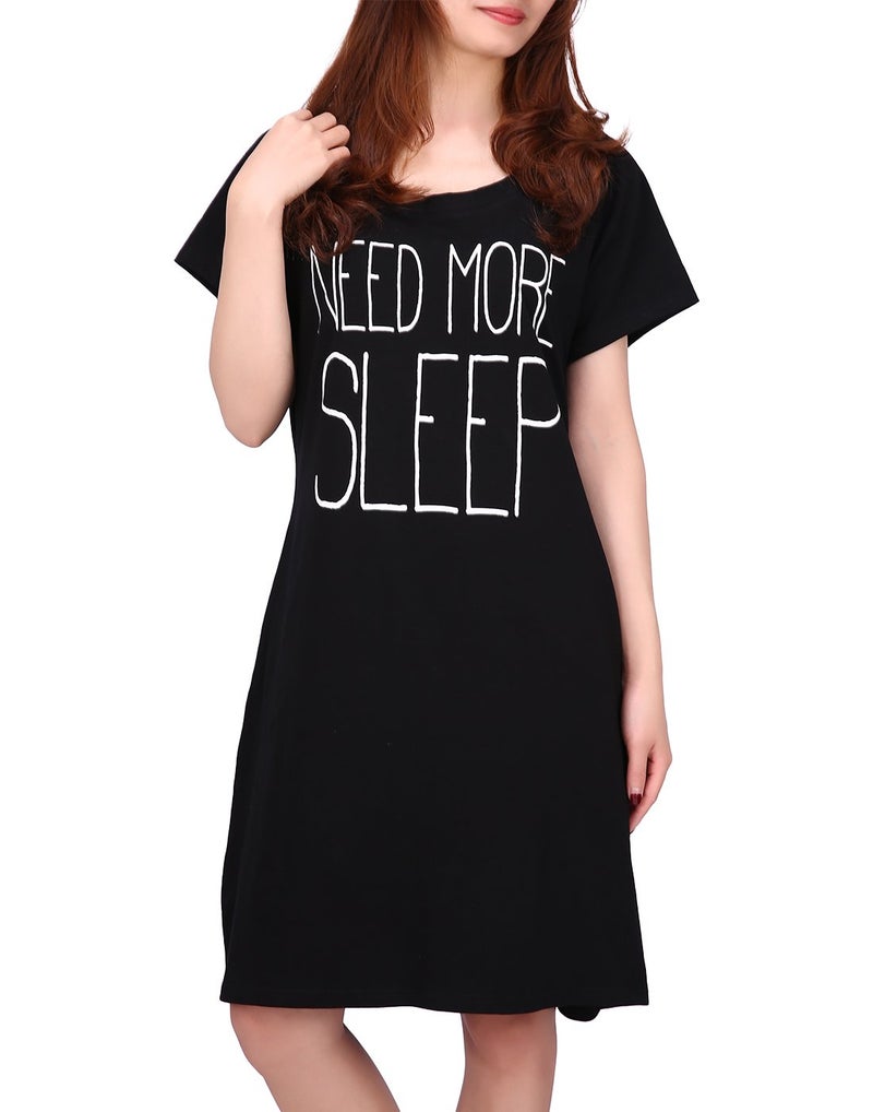 HDE Womens Cotton Sleepwear Nightgowns Short Sleeve Sleepshirt Print Night Shirt Loungewear Pajama Shirt Dress Plus Size S-5X - Small Medium, Need More Sleep - Image 1